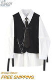 Spring Autumn Women's Two-Piece Sets Streetwear Fashion Tooling Style Vest And Solid Loose Long Sleeve Shirts Female
