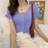Women Patched Lace O-Neck Knitted Short Sleeve Thin Sweaters Cardigans Lady Single-breasted Buttons Sweater Crop Tops Female-Outfit