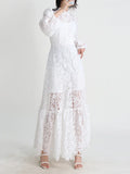 High-Level Elegant Lotus Leafy Dress 2025 Summer New Standing Collar Long Sleeves To Close The Waist Thin Hollow Dress Woman