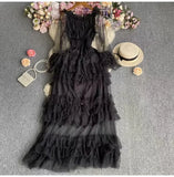 Fongt High-End Feel Leaf Edge Mesh Cake Dress Women's Waist Thin Temperament A Word Shoulder Super Fairy Long Skirt