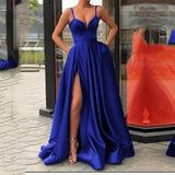 Women's Evening Wedding Party Dress Solid Elegant Side Slit A-Line Satin Sleeveless Straps Banquet Maxi Long Dress