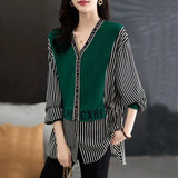 Striped Patchwork Letter Blouse Fake Two Pieces Spring Autumn Elegant V-Neck Single-breasted Female Clothing Loose Shirt-Outfit