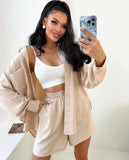 Fongt Women's Solid Color Single Row Buckle Long-Sleeved Shirt Loose Fashion Casual Shorts Set