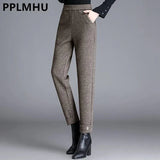 Winter Thick Warm Wool Blend Pencil Pants Women Casual High Waist Fomal Woolen Pantalones Office 92cm Oversized 4xl