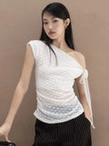 Fongt Desire Girl Wind Thin Slim See One Shoulder Design Ribbon Short-Sleeved Top Babes Reduce Age Thin One-On-Wear Blouse