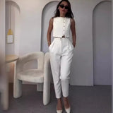 Fongt New 2024 Summer Sleeveless Vest Jacket High Waist Straight Leg Pants Solid Color Two-Piece Set-Outfit