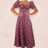 Fongt Women's New Floral Square Collar Sexy Slit Big Swing Autumn And Winter Dress