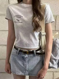Women Cotton Grey Sailboat Printed Tees 2023 Summer Vintage O Neck Short Sleeves Graphic T shirts Female Crop Tops-Outfit