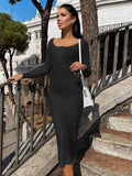 Knit Midi Dresses For Women Sexy Button Elegant Long Sleeve Square Collar Bodycon Basic Autumn Casual Fashion