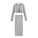 Trendy Women's Suit Is Sexy And Fashionable Long-Sleeved Jacket Sling Vest Forked Skirt Three-Piece Set-Outfit