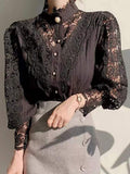 Petal Sleeve Lace Blouses Women Hollow Out Patchwork Stand Collar Shirts Ladies Top White Flower Blouse Female Blusas