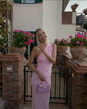 Pink One Shoulder Back Tie Up Maxi Dress-Outfit