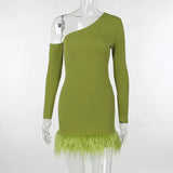 Hairy Pendulum Slanted Shoulder Strap Hip Dress Sexy Slim Spicy Girl Bare Back Fashion Skirt-Outfit