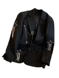 Autumn Black Casual Fashion Elegant Women's Blazer Double-breasted Chain Star Sequins Coat Gothic Jacket Streetwear