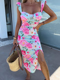 Fongt Elegant Design French Flower Sling With Open Fork Mid-Long Ladies Dress In Summer 2025
