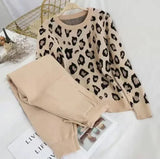 Fashion Printing Knitted 2 Peice Set Women Autumn Long Sleeve Pullover Sweater + Harem Pants Suit Black Ankle-Length