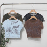 Vintage Wood Ear-Print Letter-Printing Mesh T-Shirt Summer Thin Short-Navel Blouse