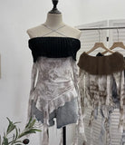 Real Shot Shoulder Cross Hanging Neck Knitting Mesh Yarn Coat Irregular Ribbon Horn Long-Sleeved T-Shirt