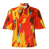 Fongt Women's Clothing 2025 New Fashion Temperament Print With Bubble Sleeves Short-Sleeved Shirt Top