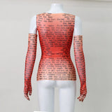 Mesh Letter Print Sleeveless Top With Gloves-Outfit