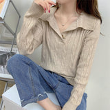 And Winter New POLO Lapel Twist Pullover Sweater Female Bf Han Fan Loose Foreign Style V-Necked Knitted Sweater-Outfit