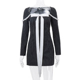 Black Stripe Long Sleeve Bow Mini Dress-Outfit
