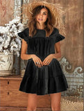 Women Short sleeve Beach Solid Holiday Mini Ruffless Dress Summer Casual Boho Beach Party Loose