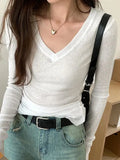 Ribbed V Neck Slim Long Sleeve Knit-Outfit