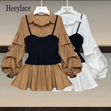 Women Puff Long Sleeve Patchwork Fake Two Piece Blouse For Women Turn Down Collar High Waist Shirt Office Ladies