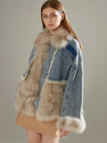 2024 Women Winter Denim Jacket Oversize Large Fur Collar Plus Velvet Jacket Detachable Thick Loose Warm Bomber Jean