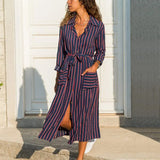 Plaid Striped Chiffon Shirt Dress 2020 New Turn-down Collar Long Sleeve Sashes Dresses Female Pocket Boho Print Long