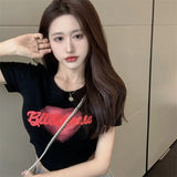 Fongt Letter Print T-Shirt Women's Summer 2024 New Ins Slim Short Design Sense Niche Short-Sleeved