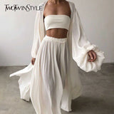 TWOTWINSTYLE White Sexy Three Piece Set For Women Slim Vest Lantern Sleeve Coat Wide Leg Pants Loose Sets Female Fashion