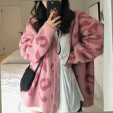Sweaters Korean Casual Autumn Pink Leopard V-Neck Long Sleeve Cardigans Loose Coat Pull
