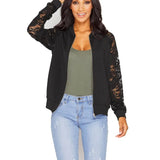 Sleeve Women Basic Coats Long Sleeve Lace Patchwork Transparent Zipper Casual Slim Jacket Coat Bomber Jacket