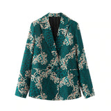 Women Fashion Vintage Print Blazer Vintage Long Sleeve Loose Female Outerwear Personality Suit And High Waist Split