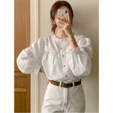 Fongt Korea Dongdaemun 2024 New Splicing Hollow Lace Shirt Women Spring And Autumn Pure Color Sweet Round