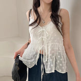 V-Neck Lace-Up Floral Mesh Bow Knot Blouse-Outfit