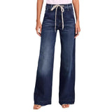 Woherb 2025 New Women's Wear With Elastic Jeans Straight Temperament Broad Leg Trousers