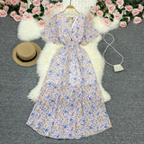 Fongt Wind Temperament Sweet Broken Flower V Collar Dress Beach Vacation Snow Spinning A Word Long Skirt-Outfit