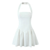 Solid Halter Slash Collar Mini Dress-Outfit