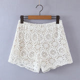 Women White Lace Embroidery Shorts Strethy Waist Female Retro Basic Casual Shorts Pantalones