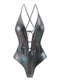 2024 New Drawstring Leakage Back Laser Light Sexy Conjoined Swimsuit Bikini