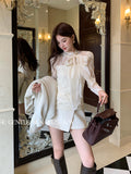 Fongt Xixi 2025 Autumn White Standard French Elegant Tie Lace Knitting Bottom Long-Sleeved Top Sweater 89607