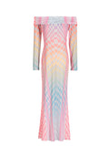 Fongt 2025 New Fashion Design Personality Color Printing Sexy Shoulder Mesh Yarn And Hip Dress Dress