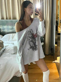 Fongt Greek Print Fake Two Collar Bump Color Loose Long-Sleeved T-Shirt Sexy Side-Shoulder Hop Casual Blouse
