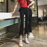 Fongt Fork Micro Bell Pants Female Irregular Edge Nine Pants Autumn New High Waist Show Thin Eight Pants Elastic Pants-Outfit