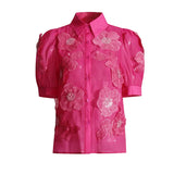 Fongt Temperament Elegant Wind Shirt 2024 Autumn New Nail Bead Three-Dimensional Flower Perspective Shirt Short-Sleeved Jacket Female-Outfit