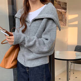Fongt Lazy Wind Big Lapel Cardigan Zipper Jacket Women's Autumn And Winter New Wide Soft Waxy Sweater Top-Outfit