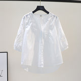 Fongt Embroidered Seven-Sleeved White Cotton Shirt Women Loose Thin Shirt 2025 Summer Korean Version Of The